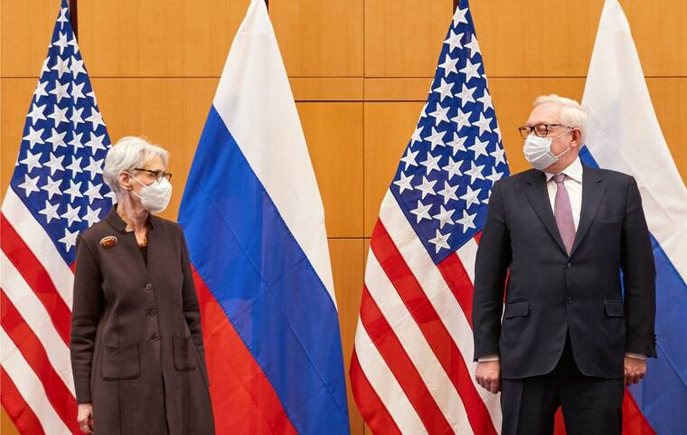 DENIS BALIBOUSE/POOL VIA ASSOCIATED PRESS
                                U.S. Deputy Secretary of State Wendy Sherman, left, and Russian deputy foreign minister Sergei Ryabkov attended security talks at the United States Mission in Geneva, Switzerland, today.