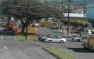 COURTESY GOAKAMAI.ORG
                                Roads were closed in the area of a glass leak in Kalihi this morning.