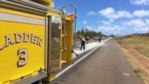 COURTESY MAUI FIRE DEPARTMENT
                                A Lahaina ladder crew respondes to an oil slick on Honoapiilani Highway near Kapalua Airport.