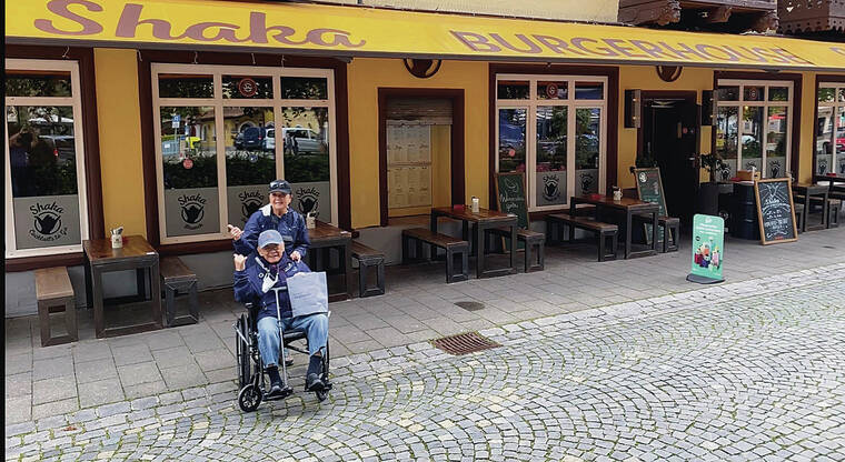 Cal Sasai and Carol Nakamura discovered Shaka Burgerhouse in Garmisch-Partenkirchen, Bavaria, Germany, in October. Photo by Kyle Nakamura.