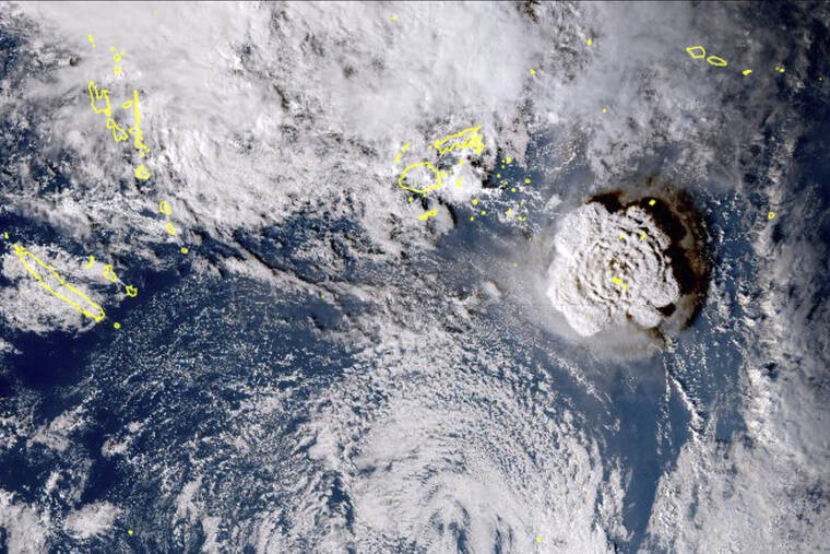 JAPAN METEOROLOGY AGENCY VIA AP
                                A satellite image taken by Himawari-8, a Japanese weather satellite, shows an undersea volcano eruption near the Pacific nation of Tonga.