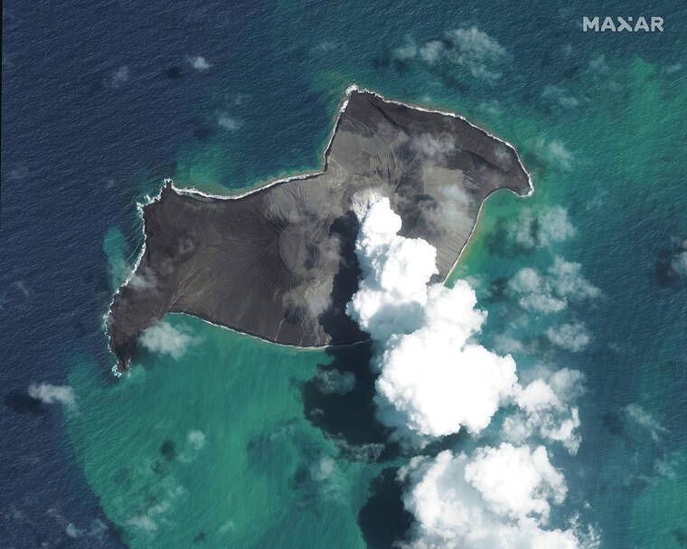 ©2022 MAXAR TECHNOLOGIES / ASSOCIATED PRESS
                                This satellite image shows an overview of Hunga Tonga-Hunga Haapai volcano in Tonga on Jan. 6, before a huge undersea volcanic eruption.