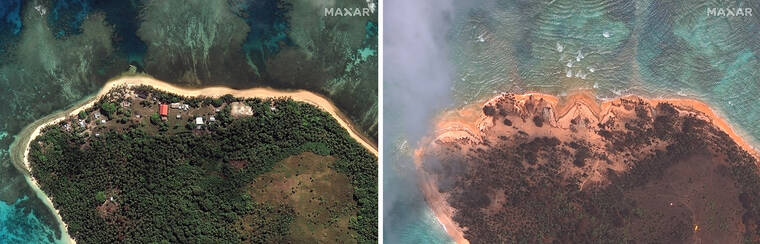 MAXAR TECHNOLOGIES VIA AP
                                This combination of this satellite images provided by Maxar Technologies shows an overview of Mango island in the Tonga island group on Aug. 17, 2020, left, and Thursday, right, showing the damage after the Jan. 15 eruption.