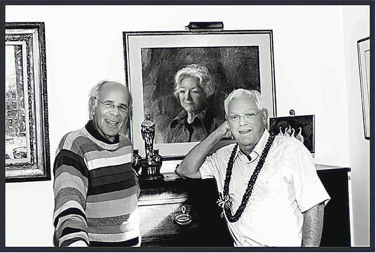 COURTESY PHILIP ALTFELD AND BESS TAUBMAN
                                Philip Altfeld, left, and James MacArthur in front of a painting of Helen Hayes and one of her two Oscars.