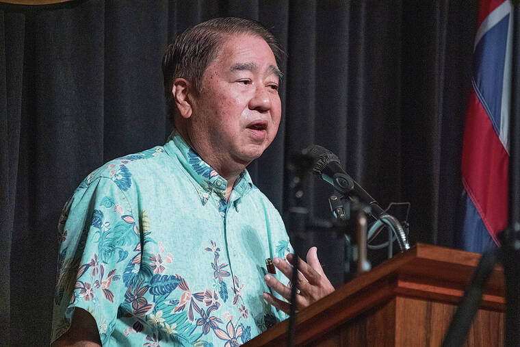 CRAIG T. KOJIMA / CKOJIMA@ STARADVERTISER.COM
                                Mayor Rick Blangiardi hosted a news conference with health care leaders regarding COVID-19, vaccination and boosters and a temporary limit on capacity at large indoor events. Hawaii Medical Service Association President and CEO Mark Mugiishi gave his remarks.
