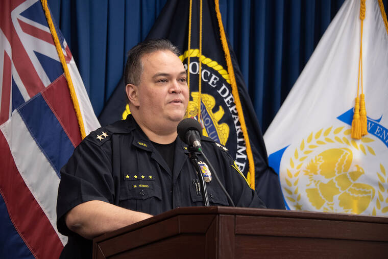 CRAIG T. KOJIMA / CKOJIMA@STARADVERTISER.COM 
                                Interim Honolulu Police Department Chief Rade Vanic holds a news conference Tuesday at HPD headquarters to discuss the Monday shooting of an armed suspect at Ala Moana Center.