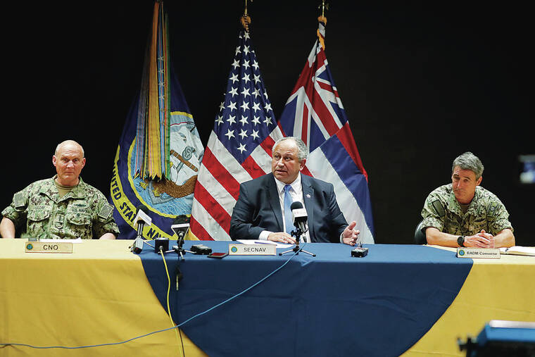 JAMM AQUINO / JAQUINO@STARADVERTISER.COM
                                From left, Chief of Naval Operations Adm. Michael Gilday, Secretary of the Navy Carlos Del Torro, and Rear Adm. Blake Converse answer questions during a news conference on Dec. 6 at Joint Base Pearl Harbor Hickam.