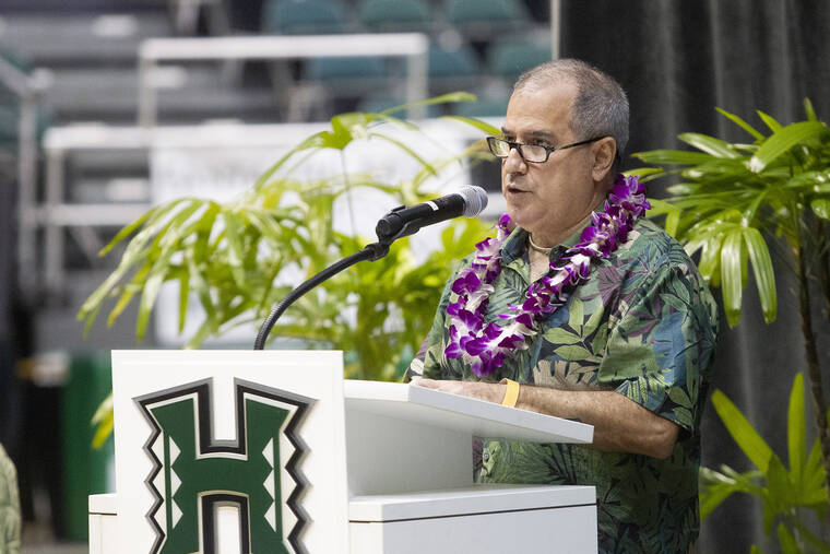 CINDY ELLEN RUSSELL / CRUSSELL@STARADVERTISER.COM
                                Athletics director David Matlin speaks on Friday as UH introduced Timmy Chang as its new head football coach.