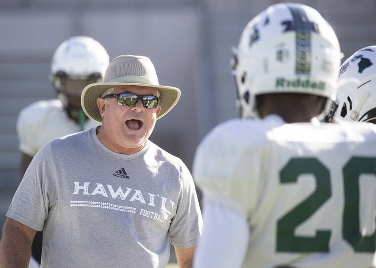 CINDY ELLEN RUSSELL / CRUSSELL@STARADVERTISER.COM
                                Hawaii head coach Todd Graham calls out during practice on Sept. 7.