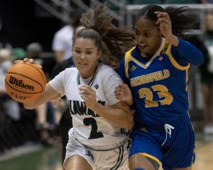GEORGE F. LEE / GLEE@STARADVERTISER.COM
                                Hawai’s Ashley Thoms drove the ball against Cal State Bakersfield’s Miracle Saxon.