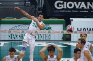 JAMM AQUINO / JAQUINO@STARADVERTISER.COM 
                                Hawaii outside hitter Keoni Thiim served an ace against Edward Waters during the first set of Friday’s match.