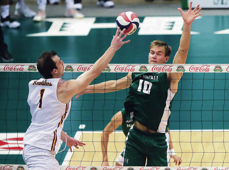 JAMM AQUINO / JAQUINO@STARADVERTISER.COM
                                Hawaii setter Jakob Thelle (10) went up to block Loyola Chicago outside hitter Cole Schlothauer during the teams’ match on Jan. 7 at Simplifi Arena. Thelle was named AVCA national Player of the Week after the Rainbow Warriors swept the series, dropping just one set total.