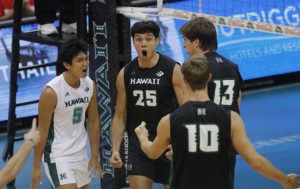 JAMM AQUINO/JAQUINO@STARADVERTISER.COM
                                Hawaii outside hitter Kana’i Akana (25), middle, celebrates with teammates after a point against the Edward Waters Tigers during the second set of an NCAA volleyball game.