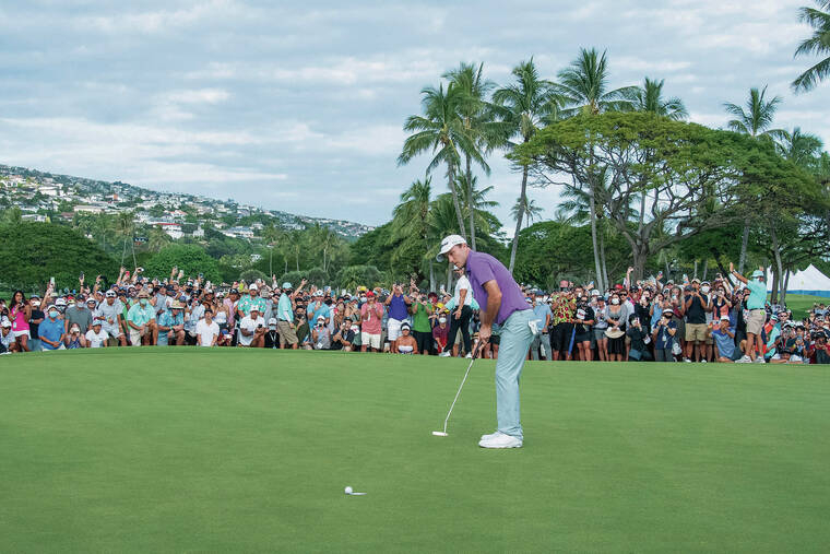 CRAIG T. KOJIMA / CKOJIMA@ STARADVERTISER.COM
                                Russell Henley came within inches of winning his second Sony Open title on Sunday. But his par putt on 18th hole just slid by. Hideki Matsuyama birdied to force sudden death, where Matsuyama won on the first playoff hole.