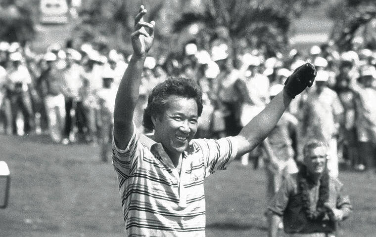 STAR-ADVERTISER / 1983
                                Isao Aoki rejoiced after burying an eagle from the rough to steal the victory in 1983.