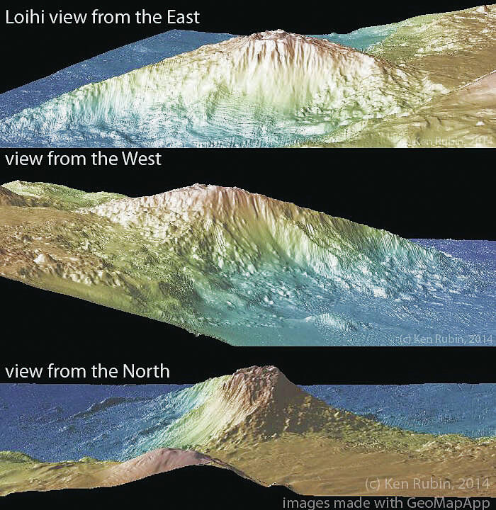 GEOMAP IMAGE COURTESY UNIVERSITY OF HAWAII
                                A rendering of the Kama’ehu submarine volcano from the east, west and north.