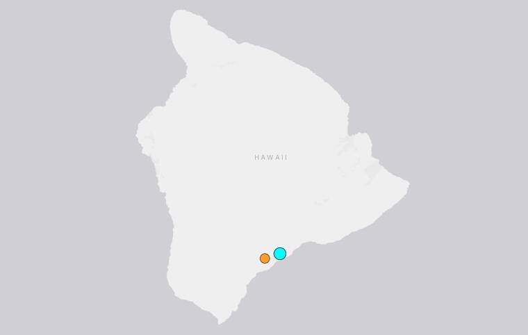 COURTESY USGS
                                This map shows the location of two earthquakes that shook Hawaii island today. The larger, blue dot is where today’s 4.3 magnitude quake struck at Kilauea Volcano. The other dot shows where a 2.5 magnitude quake struck early this morning.