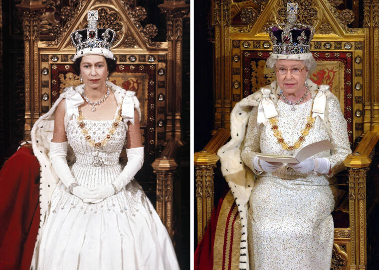 ASSOCIATED PRESS
                                This photo combo shows Britain’s Queen Elizabeth II during the State Opening of Parliament, London, in April 1966, on the left and, in November 2006, on the right. Queen Elizabeth II will mark 70 years on the throne Sunday, an unprecedented reign that has made her a symbol of stability as the United Kingdom navigated an age of uncertainty.