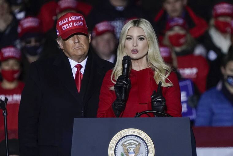 ASSOCIATED PRESS
                                President Donald Trump watched as daughter Ivanka Trump spoke at a campaign event, in November 2020, at the Kenosha Regional Airport, in Kenosha, Wis. The House committee investigating the attack on the U.S. Capitol wants to know what Ivanka Trump heard and saw that day as they try to stitch together the narrative of the riots and Donald Trump’s role in instigating them.