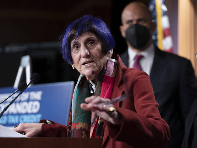 ASSOCIATED PRESS
                                Joining President Joe Biden’s efforts on the expanded child tax credit, Rep. Rosa DeLauro, D-Conn., the House Appropriations Committee chair, and Sen. Cory Booker, D-N.J., right, speak about the tax credit during a news conference at the Capitol in Washington today.