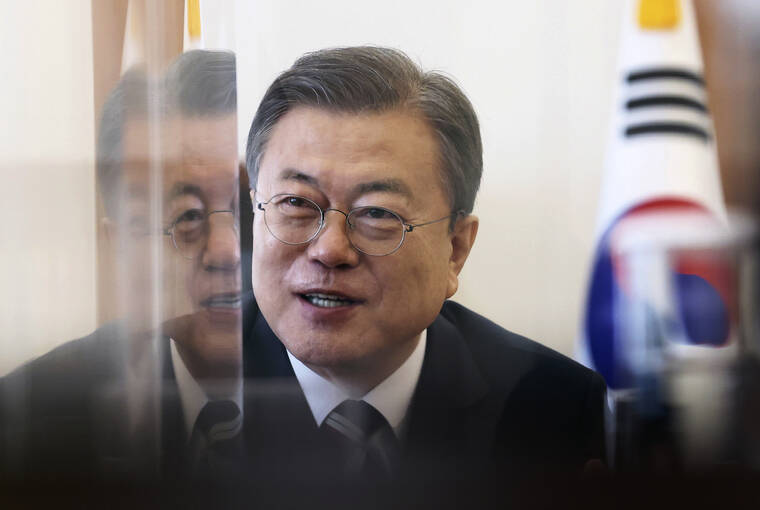 JOINT PRESS PHOTO / AP
                                South Korean President Moon Jae-in is pictured at the presidential Blue House in Seoul, South Korea, Tuesday, Feb. 8.