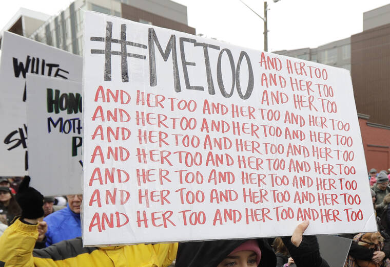 ASSOCIATED PRESS / 2018
                                A marcher carries a sign with the popular Twitter hashtag #MeToo used by people speaking out against sexual harassment as she takes part in a Women’s March in Seattle. Congress on Thursday, Feb. 10, gave final approval to legislation guaranteeing that people who experience sexual harassment at work can seek recourse in the courts, a milestone for the #MeToo movement that prompted a national reckoning on the way sexual misconduct claims are handled in the U.S.