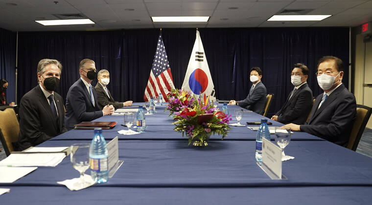 POOL VIA AP
                                U.S. Secretary of State Antony Blinken meets with South Korean Foreign Minister Chung Eui-yong in Honolulu.