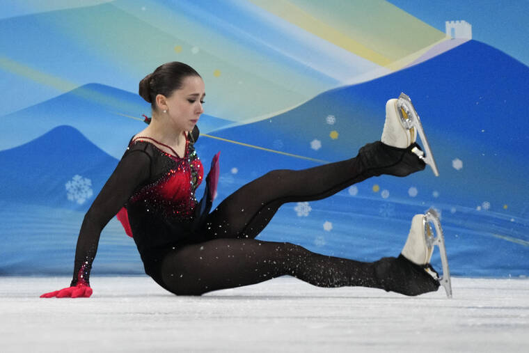 ASSOCIATED PRESS
                                Kamila Valieva, of the Russian Olympic Committee, fell in the women’s free skate program during the figure skating competition at the 2022 Winter Olympics, Thursday, in Beijing.