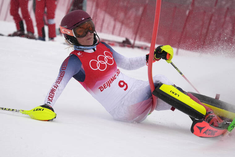 ASSOCIATED PRESS
                                Mikaela Shiffrin of the United States crashed out during the women’s combined slalom at the 2022 Winter Olympics, Thursday, in the Yanqing district of Beijing.
