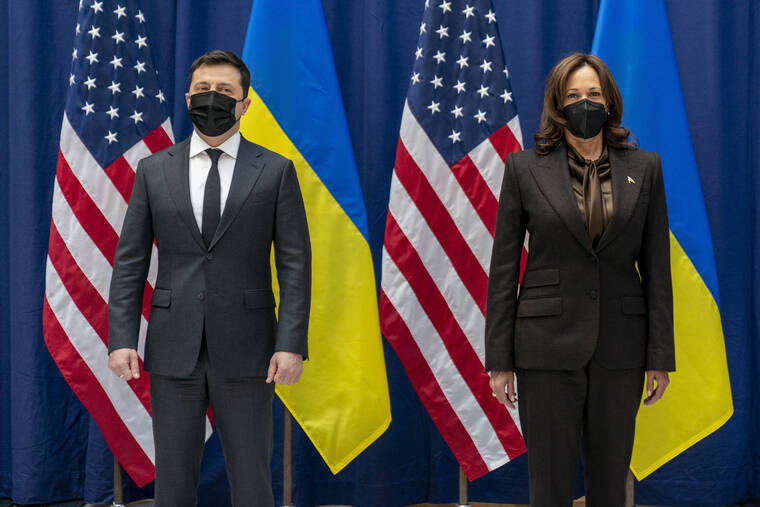 POOL PHOTO / AP
                                U.S. Vice President Kamala Harris and Ukrainian President Volodymyr Zelenskyy pose for photographs before meeting during the Munich Security Conference in Munich.