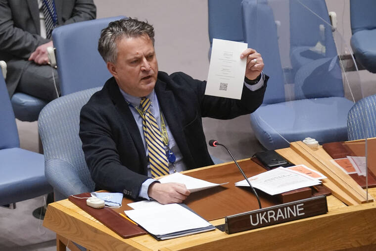ASSOCIATED PRESS
                                Ukrainian Ambassador to the United Nations Sergiy Kyslytsya speaks during a Security Council meeting at United Nations headquarters, Sunday, Feb. 27.