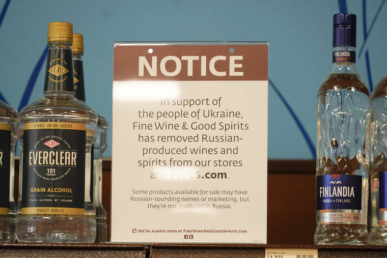 ASSOCIATED PRESS
                                A sign in the vodka area of a Pennsylvania Fine Wine and Good Spirits store reflected the state’s decision to withdraw Russian-made products for sale, today, in Harmony, Pa.