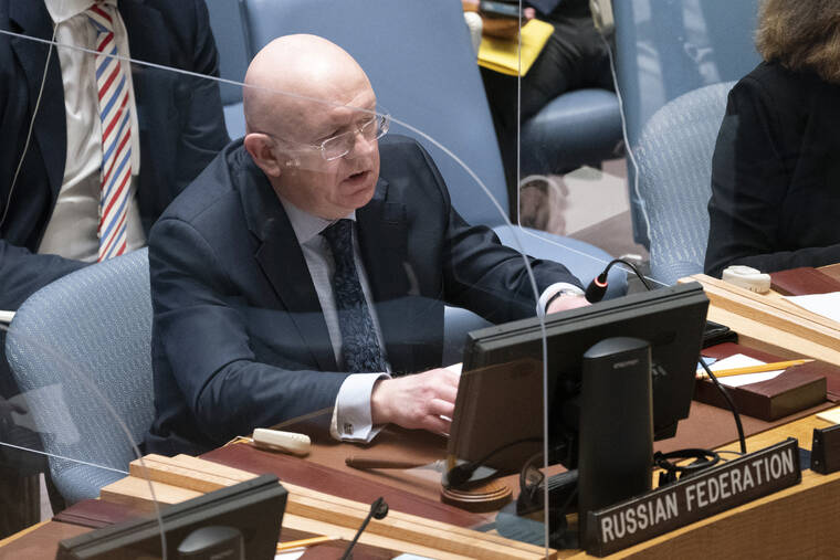 ASSOCIATED PRESS
                                Vasily Nebenzya, Russian ambassador to the United Nations, speaks during a meeting of the security council at United Nations headquarters.