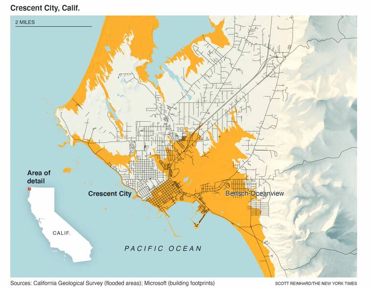 THE NEW YORK TIMES
                                Scientists warn that low-lying coastal areas in Washington, Oregon and Northern California would be under water within minutes in the event of a catastrophic earthquake. The orange areas show what may be flooded if a 9.0 quake struck along the Cascadia subduction zone, according to the tsunami models used by researchers in the Pacific Northwest.