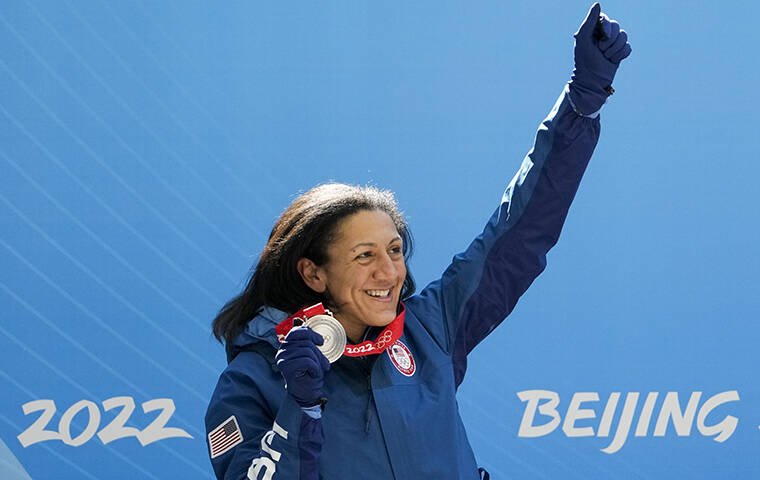 ASSOCIATED PRESS / FEB. 14 Elana Meyers Taylor, of the United States, celebrates winning the silver medal in the womens monobob at the 2022 Winter Olympics in the Yanqing district of Beijing.