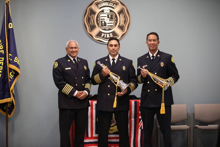 COURTESY HONOLULU FIRE DEPARTMENT
                                Retired Fire Chief Manuel Neves, Fire Chief Sheldon Hao and Deputy Fire Chief Jason Samala at the Honolulu Fire Department’s Change of Command ceremony