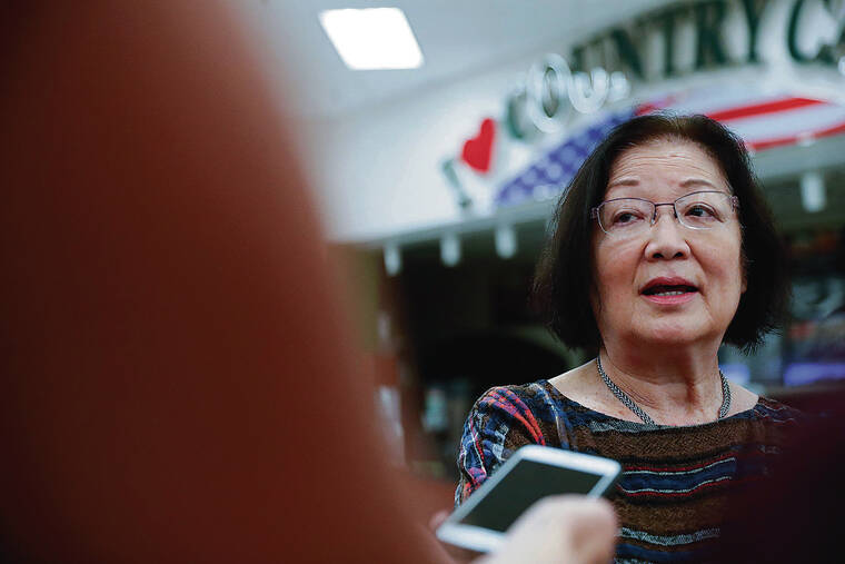 JAMM AQUINO/JAQUINO@STARADVERTISER.COM
                                Senator Mazie Hirono speaks to the news media about her tour of the U.S. Navy’s Red Hill fuel facilities inside the closed Navy Exchange food court in Honolulu.