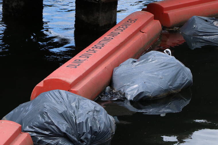 COURTESY DEPARTMENT OF LAND AND NATURAL RESOURCES
                                State officials are seeking information on the source of large trash bags that end up regularly at Ala Wai Small Boat Harbor’s catchment system. They are believed to originate somewhere upstream.
