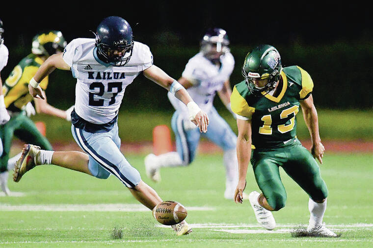 STEVEN ERLER / 2019
                                Kailua defensive end Blazen Lono-Wong, left, chased after the fumble against Leilehua in a game Aug. 10, 2019. Lono-Wong signed with Arizona State.