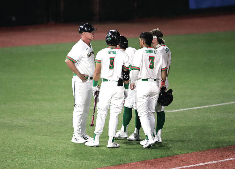 JAMM AQUINO / FEB. 18 Hawaii head coach Rich Hill, left, talked to his players during the second inning of a game against the Washington State Cougars last Friday at Les Murakami Stadium. UH opened its road trip with a 7-1 loss to San Diego State.