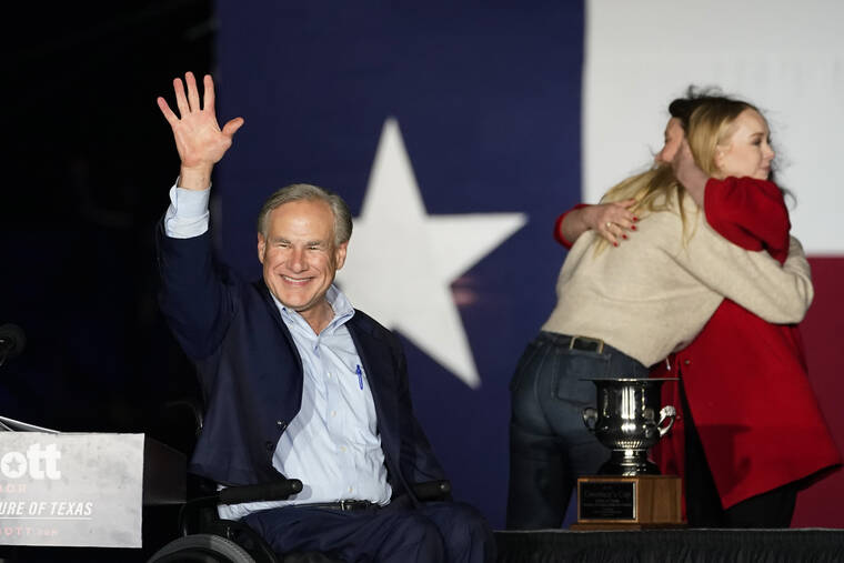 ASSOCIATED PRESS
                                Texas Gov. Greg Abbott, with his wife Cecilia and daughter Audrey, arrives for a primary election night event in Corpus Christi, Texas.