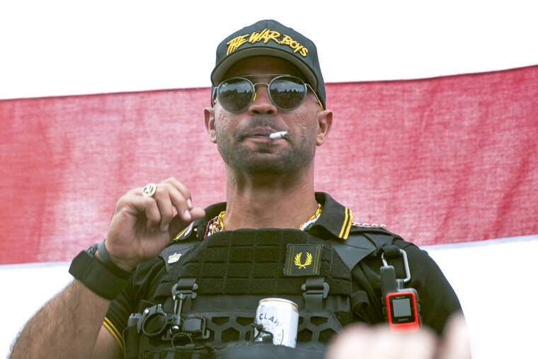 ASSOCIATED PRESS
                                Proud Boys leader Henry “Enrique” Tarrio wore a hat that says The War Boys during a rally, in September 2020, in Portland, Ore. The leader of the far-right Proud Boys extremist group, Tarrio, was arrested today on a conspiracy charge for his suspected role in a coordinated attack on the U.S. Capitol to stop Congress from certifying President Joe Biden’s 2020 electoral victory.