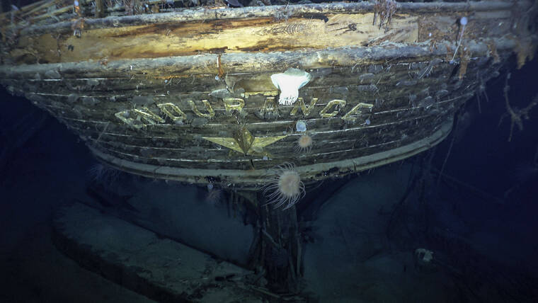 NATIONAL GEOGRAPHIC VIA AP
                                In this photo issued by Falklands Maritime Heritage Trust, a view of the stern of the wreck of Endurance, polar explorer’s Ernest Shackleton’s ship. Scientists say they have found the sunken wreck of polar explorer Ernest Shackleton’s ship more than a century after it was lost to the Antarctic ice.