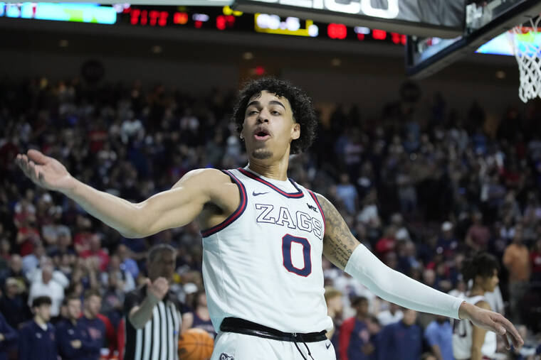ASSOCIATED PRESS
                                Gonzaga’s Julian Strawther (0) celebrates during the second half of an NCAA college basketball championship game against Saint Mary’s at the West Coast Conference tournament on March 8 in Las Vegas.