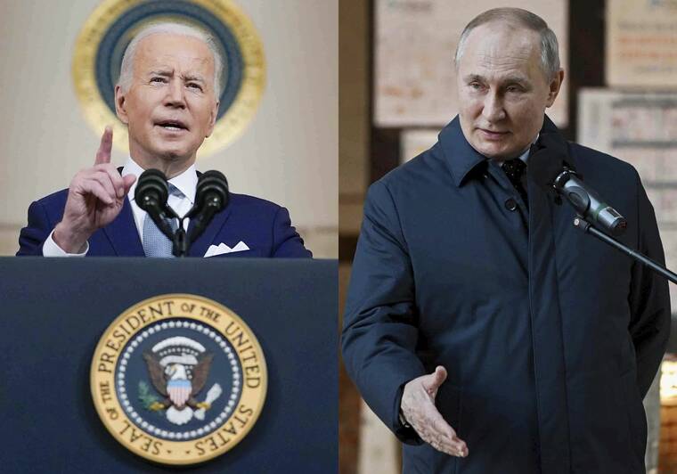 ASSOCIATED PRESS
                                President Joe Biden announces Judge Ketanji Brown Jackson as his nominee to the Supreme Court at the White House in Washington on Feb. 25, left, and President Vladimir Putin speaks during a visit to the construction site of the National Space Agency at Khrunichev State Research and Production Space Centre, in Moscow, Russia, on Feb. 27.