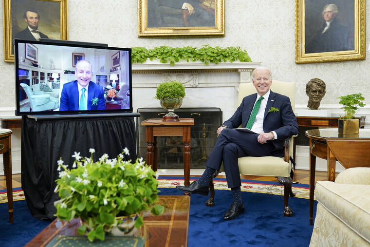 ASSOCIATED PRESS
                                President Joe Biden met virtually with Irish Prime Minister Micheál Martin in the Oval Office of the White House, today, in Washington. Martin tested positive for COVID-19 Wednesday.