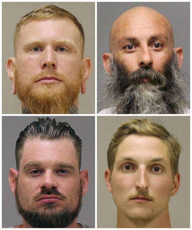 KENT COUNTY SHERIFF, DELAWARE DEPARTMENT OF JUSTICE VIA AP
                                This combination of photos provided by the Kent County Sheriff and the Delaware Department of Justice shows, top row from left, Brandon Caserta and Barry Croft; and bottom row from left, Adam Dean Fox and Daniel Harris.