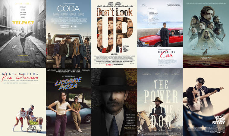 FOCUS FEATURES/APPLE TV+, NETFLIX, JANUS FILMS & SIDESHOW, WARNER BROS. PICTURES, WARNER BROS. PICTURES, SEARCHLIGHT PICTURES, NETFLIX, 20TH CENTURY FILMS VIA AP
                                This combination of photos shows promotional art for the films nominated for an Oscar for best picture, top row from left, “Belfast,” “CODA,” Don’t Look Up,” Drive My Car,” Dune,” bottom row from left, “King Richard,” Licorice Pizza,” “Nightmare Alley,” “The Power of the Dog,” and “West Side Story.”