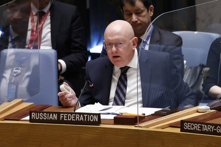 JASON DECROW / AP
                                Russia’s ambassador Vasily Nebenzya speaks at the end of a meeting of the United Nations Security Council at U.N. headquarters.
