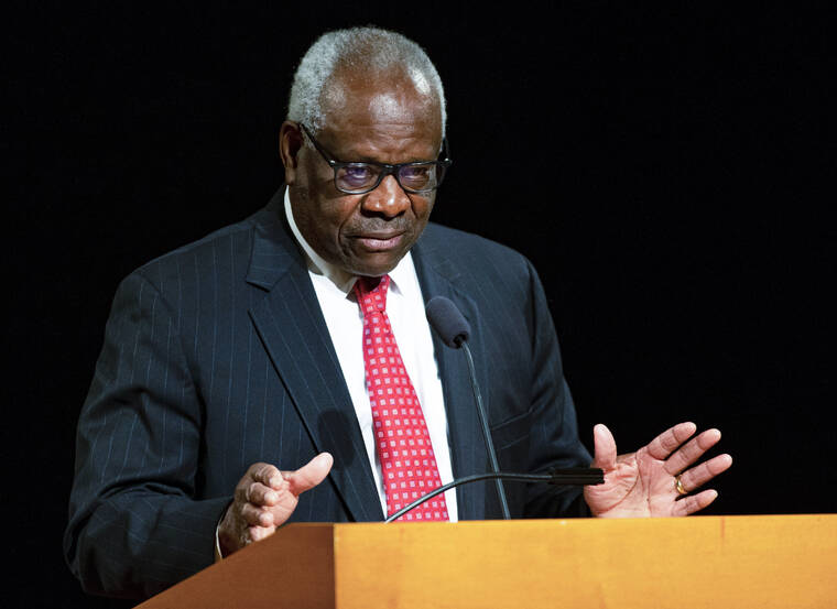 ASSOCIATED PRESS
                                U.S. Supreme Court Associate Clarence Thomas speaks at the University of Notre Dame in South Bend, Ind., on Sept. 16. Thomas has been hospitalized because of an infection, the Supreme Court said. Thomas, 73, has been at Sibley Memorial Hospital in Washington, D.C., since Friday after experiencing “flu-like symptoms,” the court said in a statement.